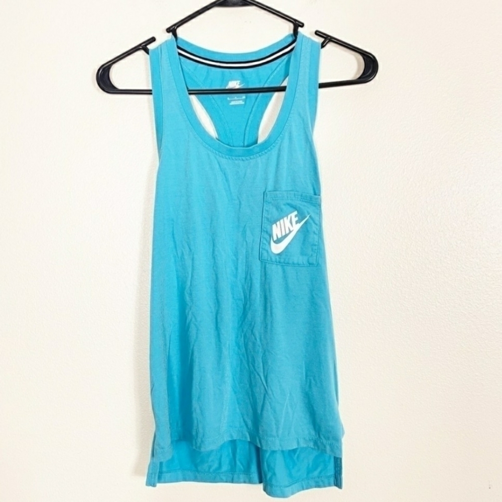 NIKE Single Front Pocket Logo Tank Top Teal Racerback Women's XS Hi-Low Athletic